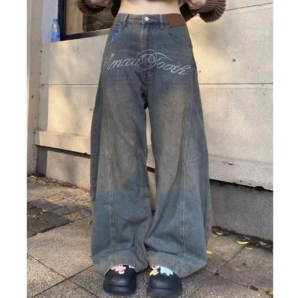 ワイドパンツ ジーンズ デニム デニムパンツ ラインストーン英字ロゴデニムワイドパンツ レディース