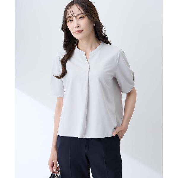 tシャツ 半袖 「ブラウス見えするカットソー」スタンドカラースキッパープルオーバー「接触冷感・UVカット・遮熱」 レディース