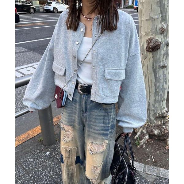 tシャツ ハートボタン配色ステッチスウェットカーディガン レディース