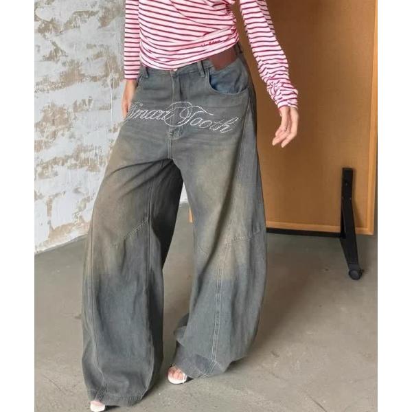 ワイドパンツ ジーンズ デニム デニムパンツ ラインストーンロゴ ヴィンテージ加工ワイドデニムパンツ レディース メンズ