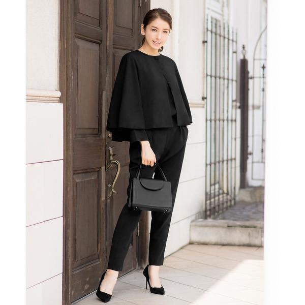 喪服 セレモニースーツ セットアップ 「喪服 礼服」「3点セット」「低身長/大きいサイズあり（〜4L）」ケープジャケット ブラウス テーパードパンツ セッ…