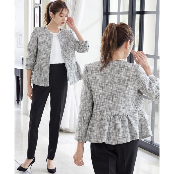 セレモニースーツ セットアップ 「3点セット」ツイードノーカラーペプラムジャケット ブラウス テーパードパンツ セットアップ スーツ フォーマル セレモ…