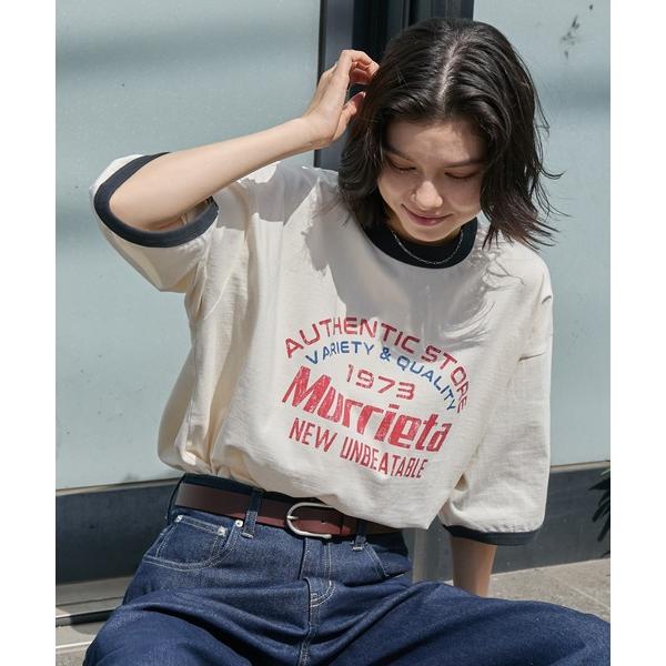 tシャツ 半袖 ヴィンテージライクロゴデザイン ビッグシルエットリンガー半袖Tシャツ レディース メンズ