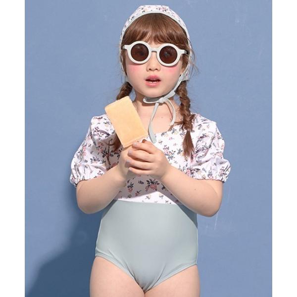 水着 キッズ 「SWIM」 バイカラーパフワンピース＆キャップセット