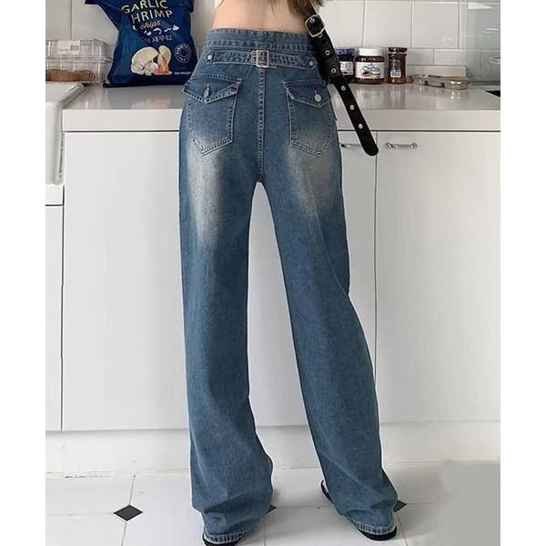 パンツ デニム ジーンズ ヴィンテージ風バックベルトストレートパンツ