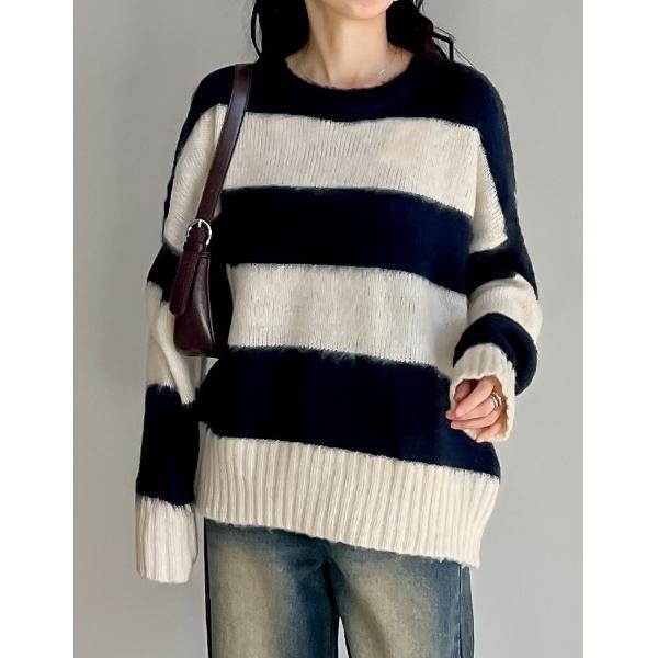 ニット セーター 起毛シャギーボーダーニットトップス レディース