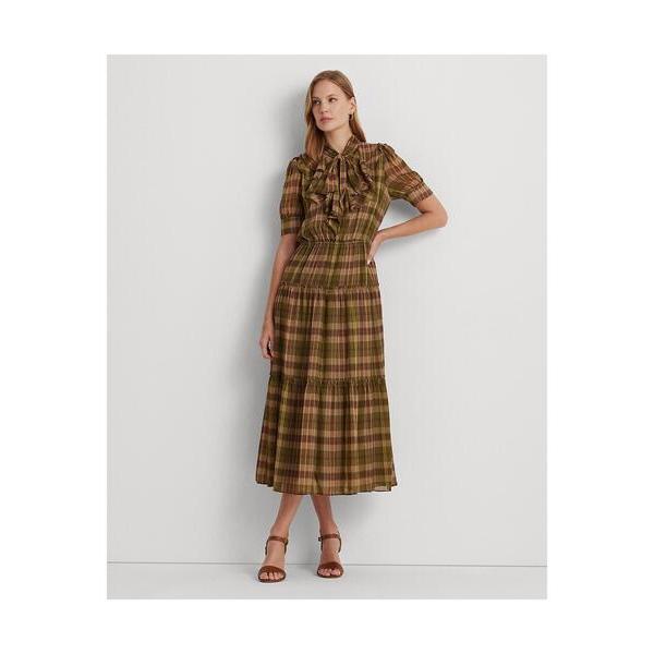 ワンピース プラッド クリンクル ジョーゼット タイネック ドレス