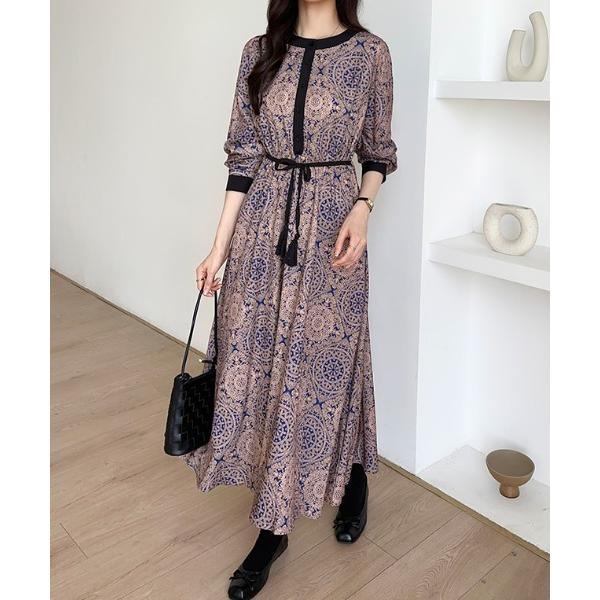 ワンピース 「半袖・長袖 選べるタイプ」 大人リゾート ダマスク柄 ロングワンピース タッセルリボン ワンピース 半袖 長袖 夏服 秋服 の商品画像