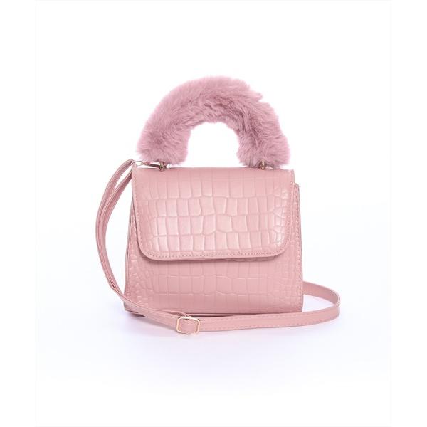 バッグ ハンドバッグ クロコ型押しファーハンドルバッグ レディース