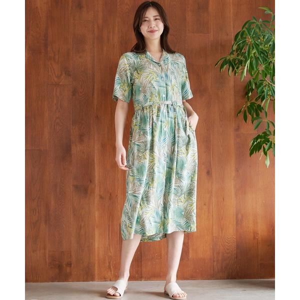 ワンピース シャツワンピース リゾート柄 ベルト付き シャツワンピース レディース