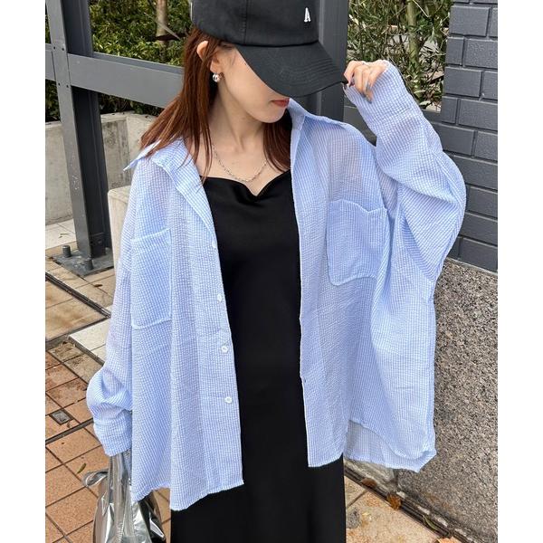 ブラウス シャツ 「ISOOK / アイスー」オーバーサイズサッカーストライプシャツ / サッカー生地 シアーシャツ ビッグシャツ カーディガン 羽織り 冷房対策…