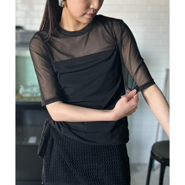 tシャツ シアートップス シースルーカットソー 五分袖 レディース の商品画像