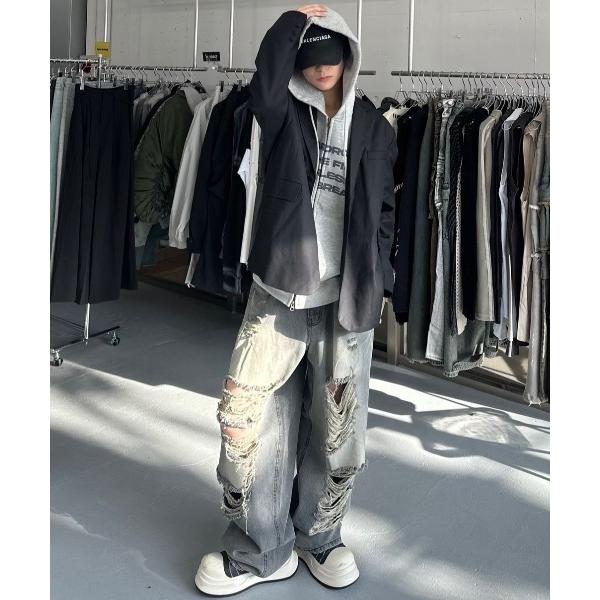 ワイドパンツ ジーンズ 「Never mind the XU」damage denim pants / 「ネバーマインド ザ エックスユー」ダメージデニムパンツ メンズ レディース