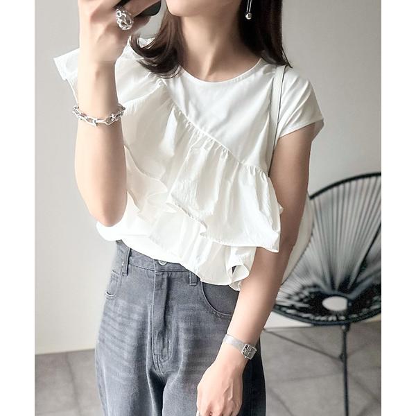 tシャツ 一枚で着映える♪異素材ドッキングアシンメトリーラッフルデザインフレンチスリーブカットソー レディース の商品画像