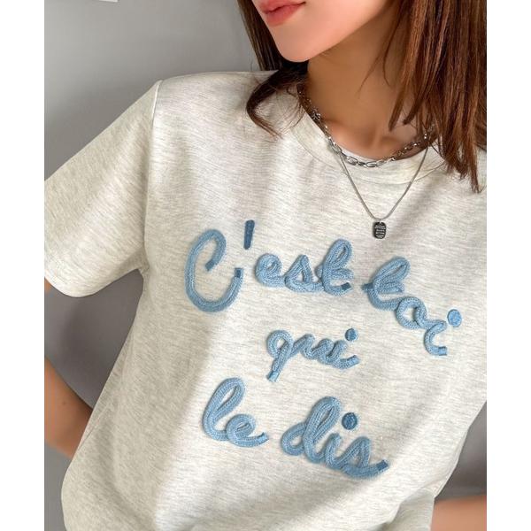 tシャツ 「mily bilet」カラーの魔法。軽やかに、映え!!ロゴプレート付きカラーフレンチコード刺繍Tシャツ(半袖) レディース（Yahoo!・ZOZOTOWN Yahoo!店）