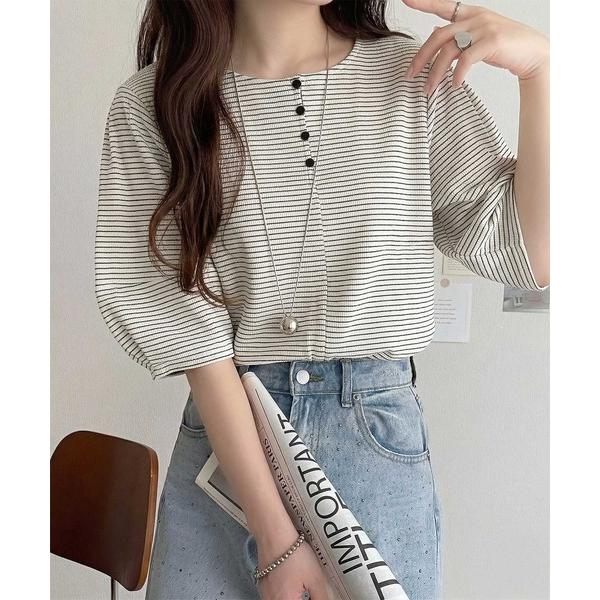 tシャツ 華奢見えを叶える！前後2wayランタンスリーブミニボーダートップス（５分袖） レディース（Yahoo!・ZOZOTOWN Yahoo!店）