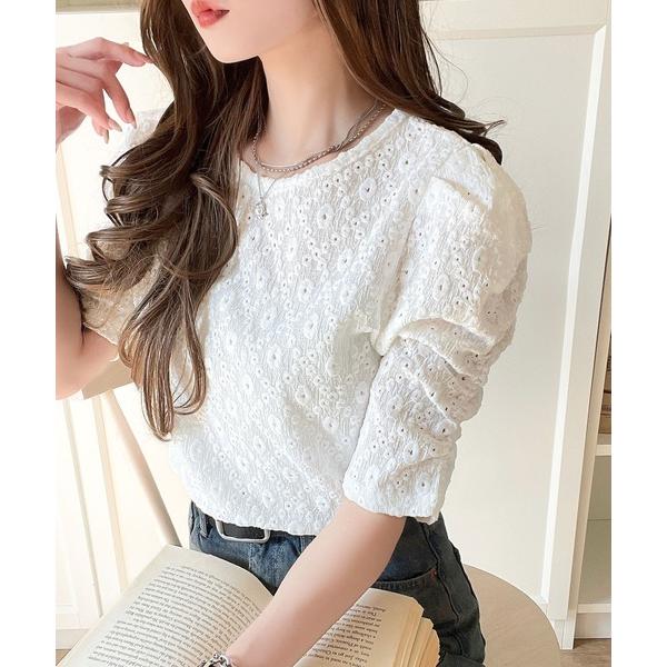 tシャツ 着るだけで華やかに。ふくれジャガード袖タックギャザープルオーバー（半袖） レディース（Yahoo!・ZOZOTOWN Yahoo!店）