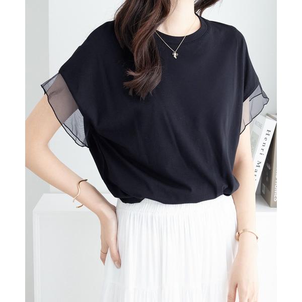 tシャツ 半袖 チュールの抜け感が可愛いく涼しい！ 袖チュールデザイン綿混Ｔシャツ「6サイズ展開」 レディース
