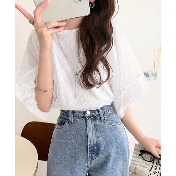 tシャツ 華やかで上品。ランタンスリーブチュール重ねジャガードプルオーバー（半袖） レディース（Yahoo!・ZOZOTOWN Yahoo!店）