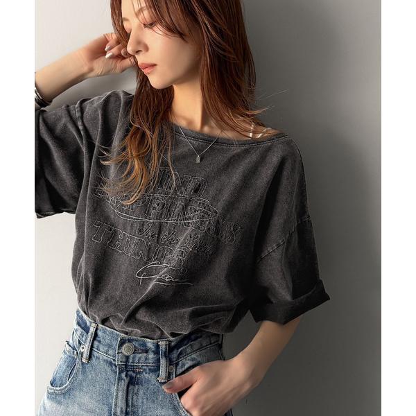 tシャツ 綿100%ヴィンテージウォッシュ前後2way刺繍オーバーサイズワイドネックTシャツ レディース（Yahoo!・ZOZOTOWN Yahoo!店）