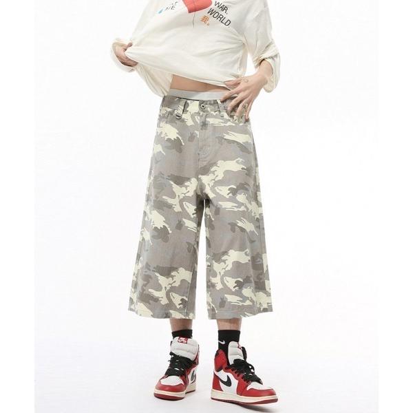 ジーンズ Dカン付きユーズド加工ワイドデニムハーフパンツ ヴィンテージライク メンズ レディース の商品画像