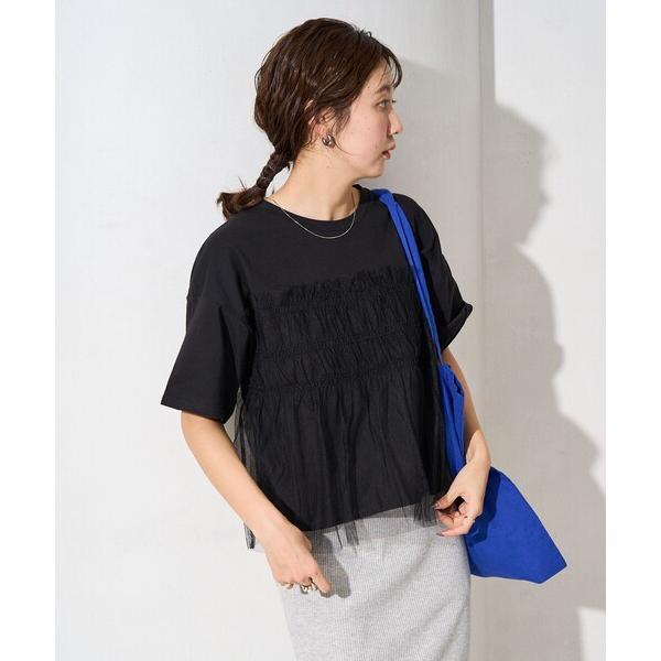 tシャツ 限定展開　チュール フリル ドッキング 半袖 Tシャツ レディース の商品画像