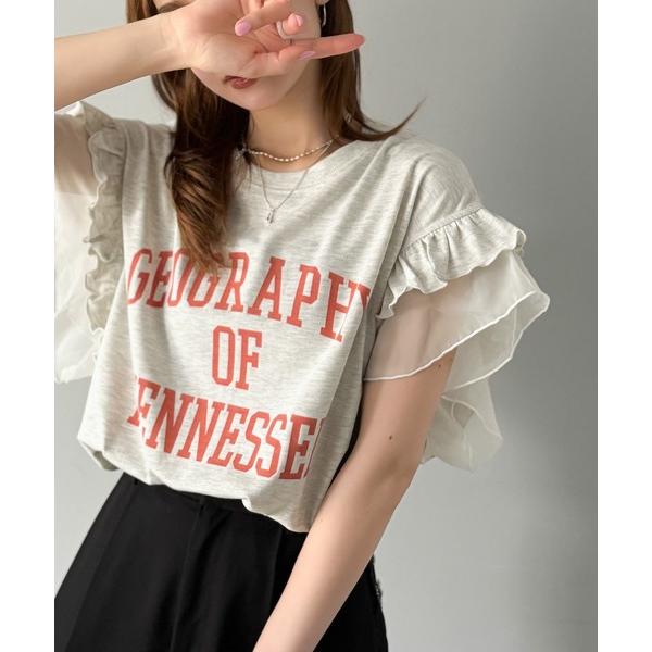 tシャツ 「mily bilet」可愛さふわり2倍増し！ ダブルフリル袖カレッジライクロゴゆるTシャツ レディース（Yahoo!・ZOZOTOWN Yahoo!店）