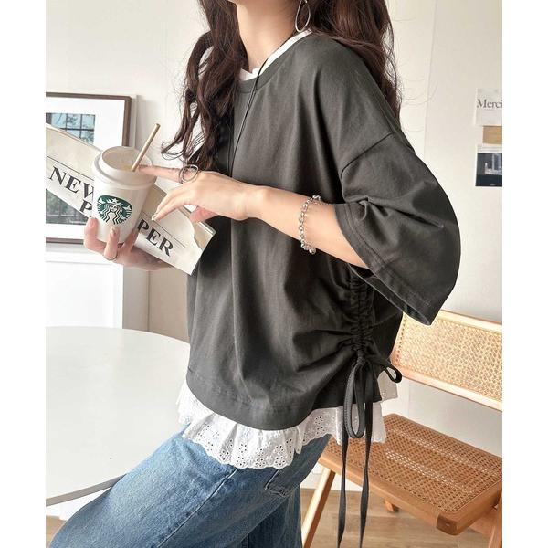tシャツ 体型カバーも叶う！重ね着風で即こなれ感♪ レイヤード風サイドドロスト裾 綿100％レースビッグTシャツ レディース（Yahoo!・ZOZOTOWN Yahoo!店）
