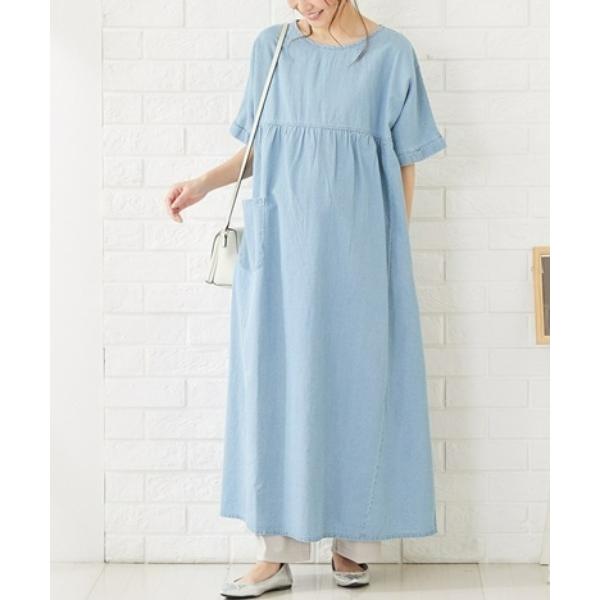 マタニティ 「マタニティウエア・授乳服」綿１００％デニム　切替ギャザー半袖ワンピース（産前・産後） の商品画像