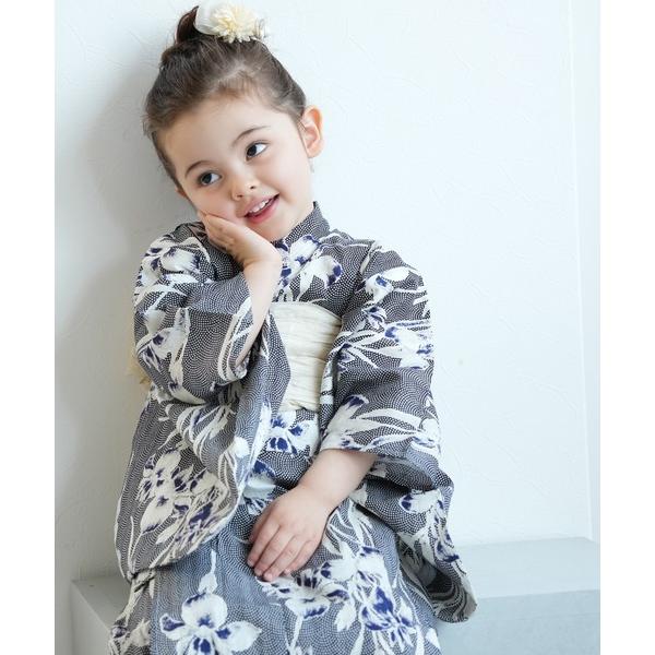 浴衣 「utatane×Acka.」kids  浴衣3set 鮫小紋と菖蒲 navy・ivory キッズ 子供 女の子