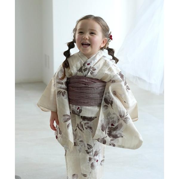 浴衣 「utatane×Acka.」kids 浴衣3set 山茶花 white（lame）・beige キッズ 子供 女の子