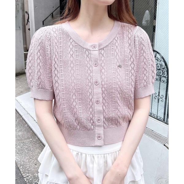 カーディガン プレート付パターンメッシュ半袖ニットカーディガン レディース の商品画像