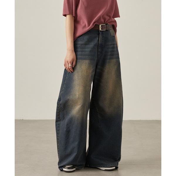 ワイドパンツ ジーンズ デニム デニムパンツ 「Snap club」ヴィンテージ加工ワイドカーブデニムパンツ レディース メンズ