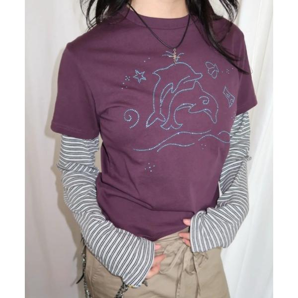 tシャツ フェイクレイヤード/ラインストーンTシャツ／Y2K可愛いトップス レディース