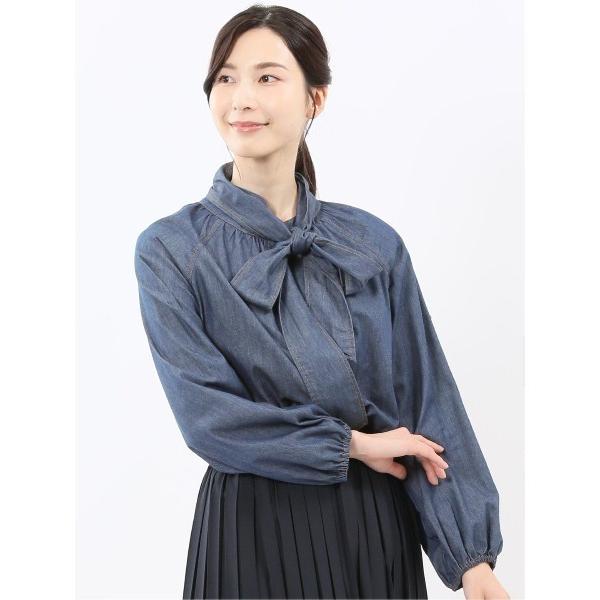 ブラウス シャツ 「ややゆったり リラックス」m.f.エディトリアル レディース  ボウタイ付き バンドカラー デニム ブラウス レディース