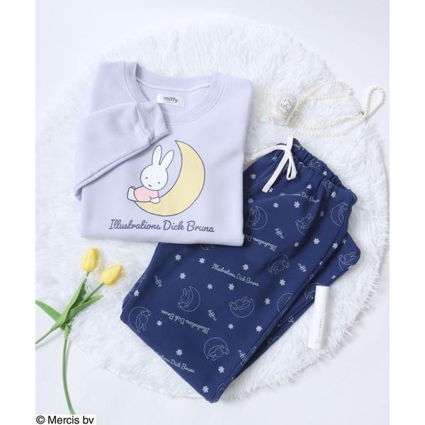 パジャマ ルームウェア Miffy（ミッフィー）ミッフィーとお月さまプリント裏シャギープルオーバートップス＆イージーパンツ セットアップパジャマ レデ