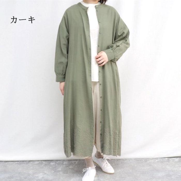 ワンピース レディース 長袖 羽織 前開き 春秋 ロング 刺繍 綿麻