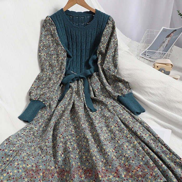 ワンピース 秋冬 花柄 小花柄 長袖 コーデュロイ フレア ロング丈 花柄