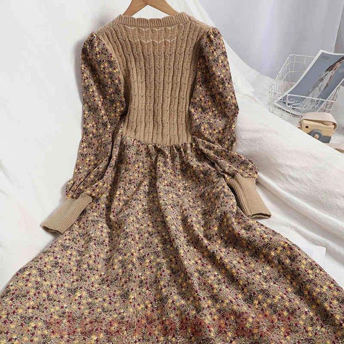ワンピース 秋冬 花柄 小花柄 長袖 コーデュロイ フレア ロング丈 花柄