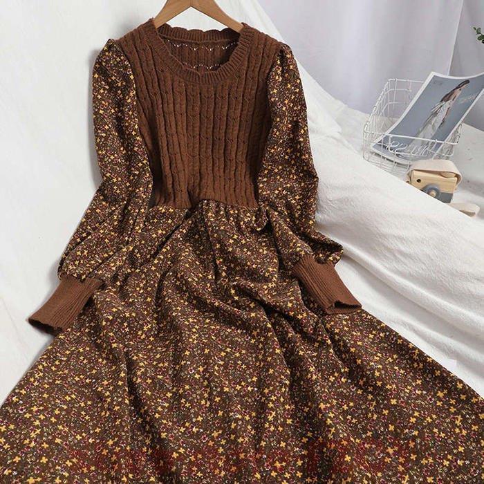 ワンピース 秋冬 花柄 小花柄 長袖 コーデュロイ フレア ロング丈 花柄