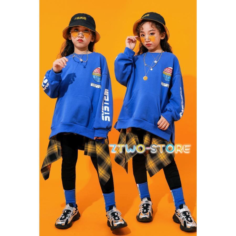 キッズ ダンス衣装 ヒップホップ セットアップ チェック柄 HIPHOP 長袖 巻きスカート トップス ズボン 男の子 女の子 子供服 ステージ衣装 体操服 練習着｜ztwo-store｜02