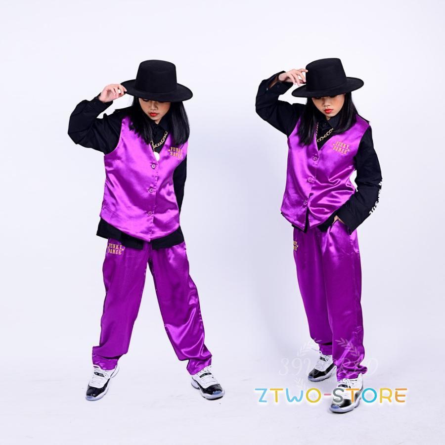 ロックダンス衣装 キッズダンス 子供 JAZZ DANCE スーツ ベスト スラックス 白 黒 パープル｜ztwo-store｜02