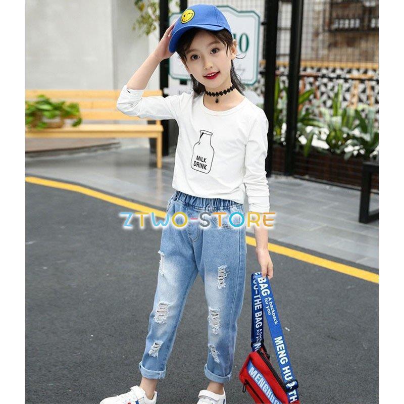 夏 韓国子供服 おしゃれ 女の子 デニムダメージジーンズ シンプル  