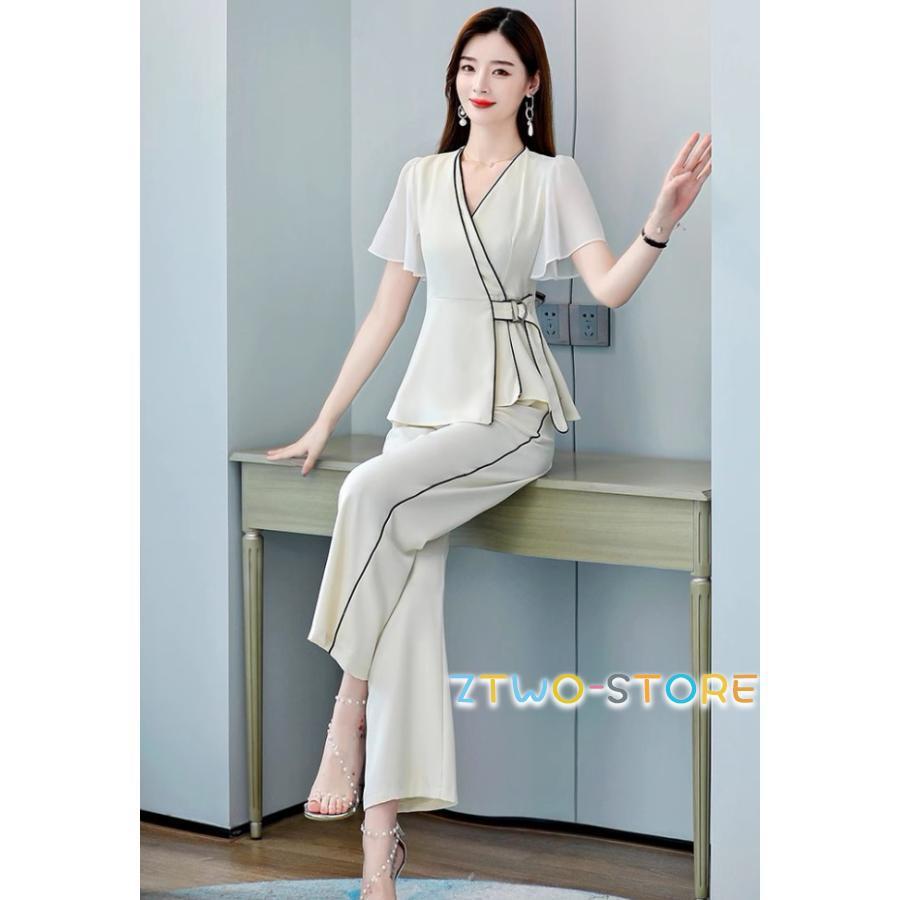 パンツドレス かっこいい セットアップ レディース カシュクール パーティードレス 結婚式 お呼ばれドレス 袖あり 大きいサイズ 3L 白 黒 フレア袖 韓国 ドレス パンツドレス かっこいい セットアップ レディース カシュクール