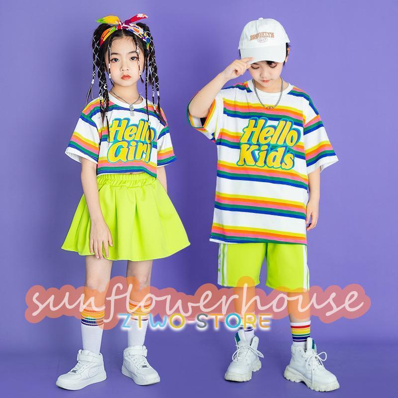 キッズダンス衣装 セットアップ 男の子 tシャツ+パンツ 2点セット 虹色 半袖 ヒップホップ 女の子 tシャツ+スカート チアガール 子供服 スポーツウェア 派手｜ztwo-store｜03