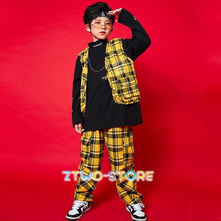 キッズ ダンス衣装 ヒップホップ 女の子 男の子 HIPHOP チェック柄 トップス ベスト ダンスウェア セットアップ ジュニア 子供 団体 ステージ衣装 演出服 韓国｜ztwo-store｜03