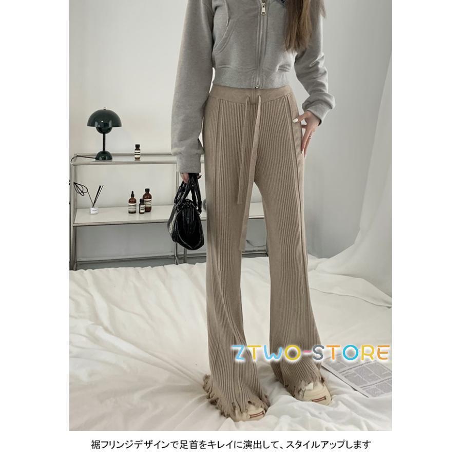 ワイドパンツ レディース ロングパンツ リブニット 裾フレア フリンジ ウエストゴム 紐付き 伸縮性 細身 美脚 シンプル 春秋｜ztwo-store｜05