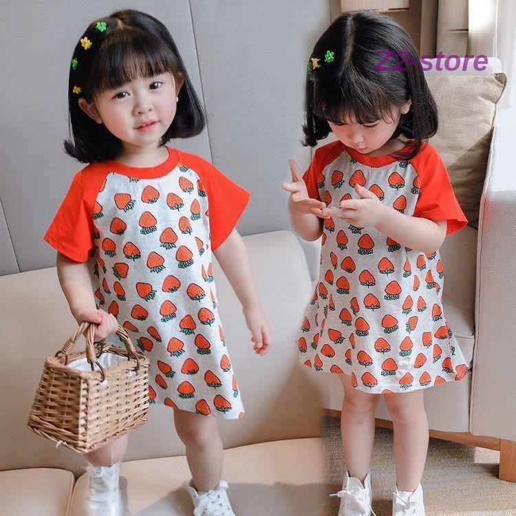 子供服 ボーダー イチゴ柄ワンピース綿Tシャツロング 女の子 半袖 オフ  