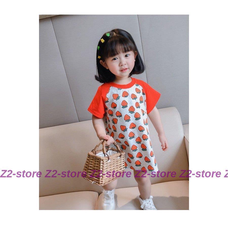 子供服 ボーダー イチゴ柄ワンピース綿Tシャツロング 女の子 半袖 オフ