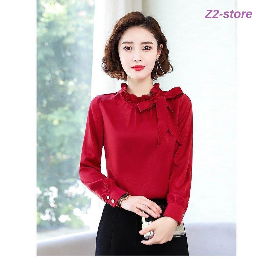 リボンタイ付き立ち襟長袖ブラウス（黒） ブラウスレディース リボン付き 立ち襟 長袖トップス レディースシャツ